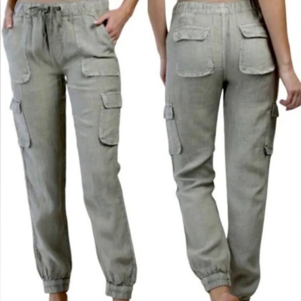 NICOLE MILLER | Beige 100% Linen Cargo Joggers Pull On Lightweight Pants M